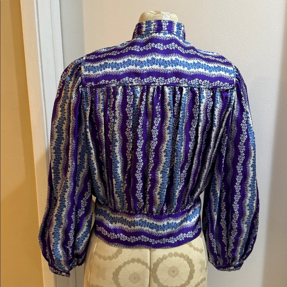 Sandro Silk Floral Stripe Purple Blue Balloon Sleeve Button Tie Cropped Blouse S - Picture 10 of 17